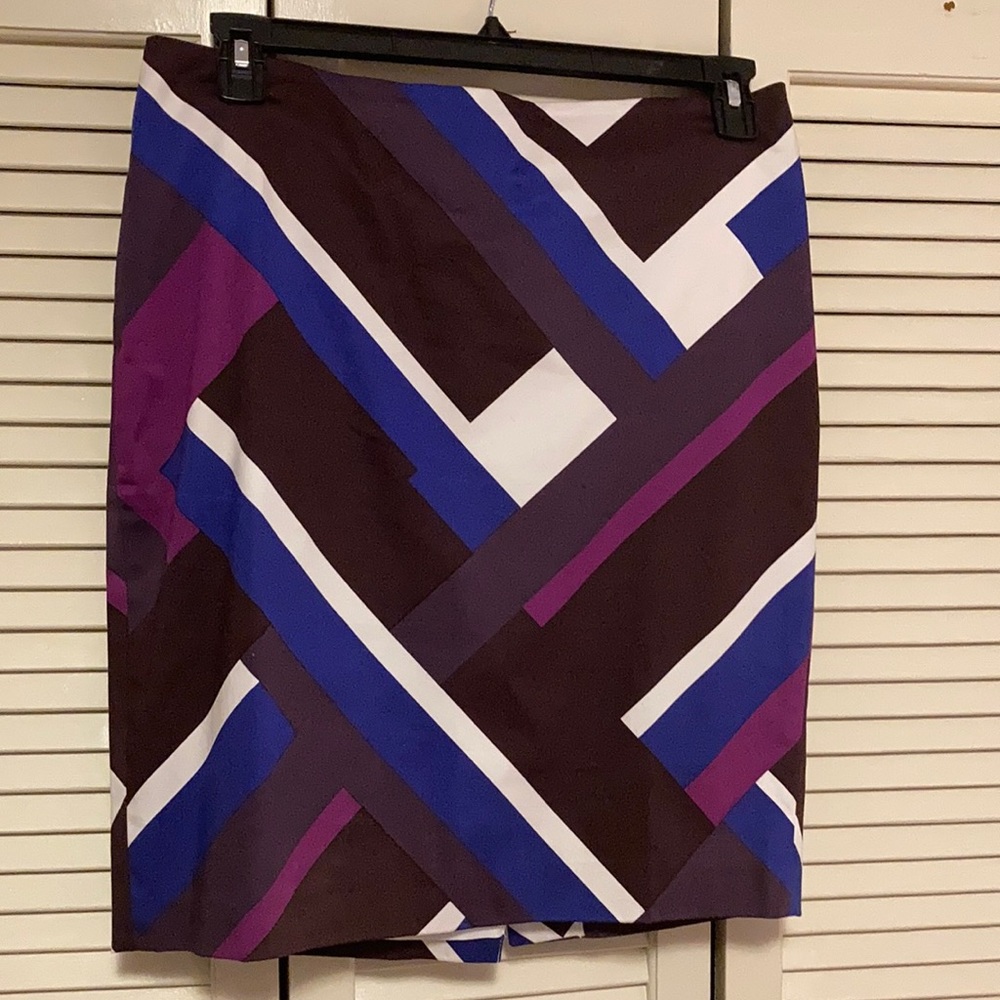 Ann Taylor skirt size 12p. Brown, purple, royal blue, off white.